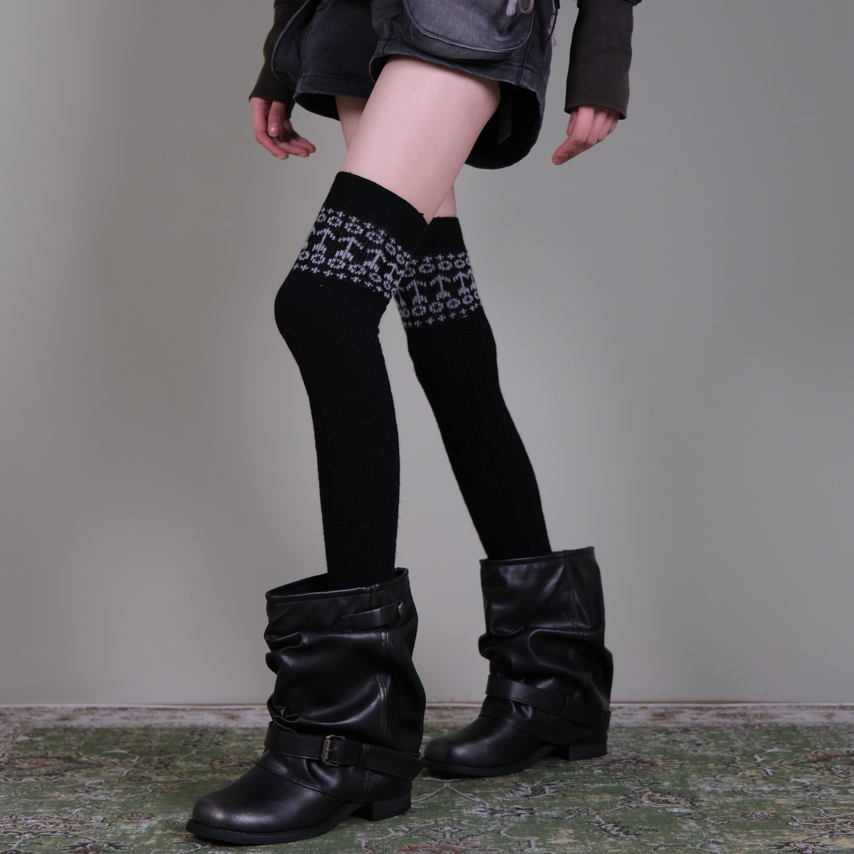 西岭【黑色北欧提花过膝针织袜套女 街头潮酷风 搭做旧牛仔短裤,女士内衣/男士内衣/家居服,长筒袜,淘宝优惠券,粉丝福利购,淘宝优惠卷