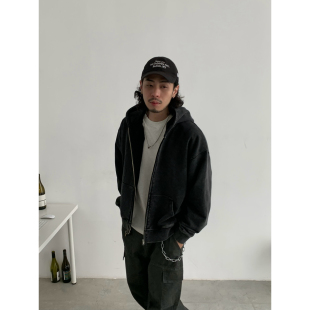 INKNOTS美式 基础水洗做旧落肩boxy连帽拉链卫衣男潮 复古廓形短款