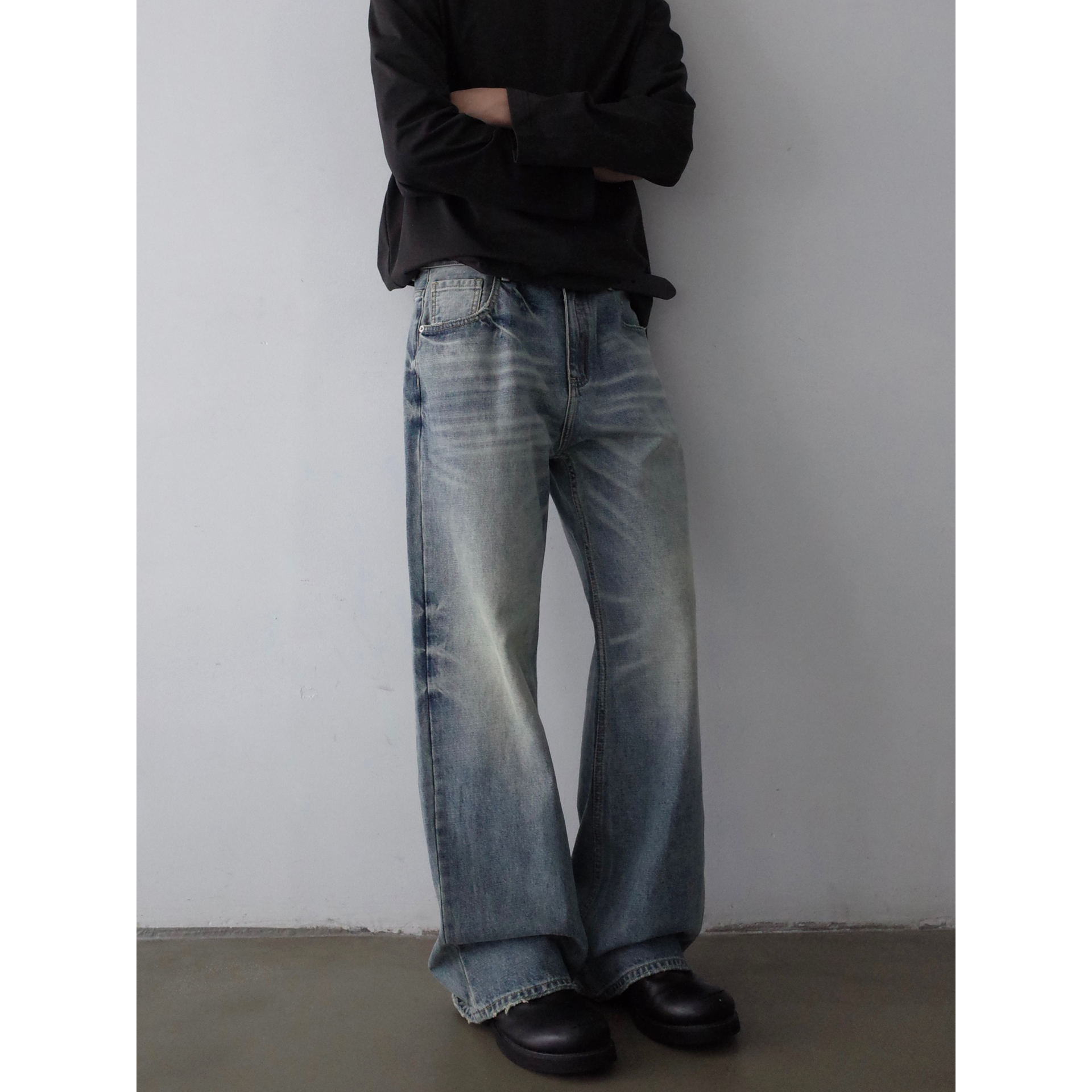 INKNOTS水洗做旧宽松直筒牛仔裤