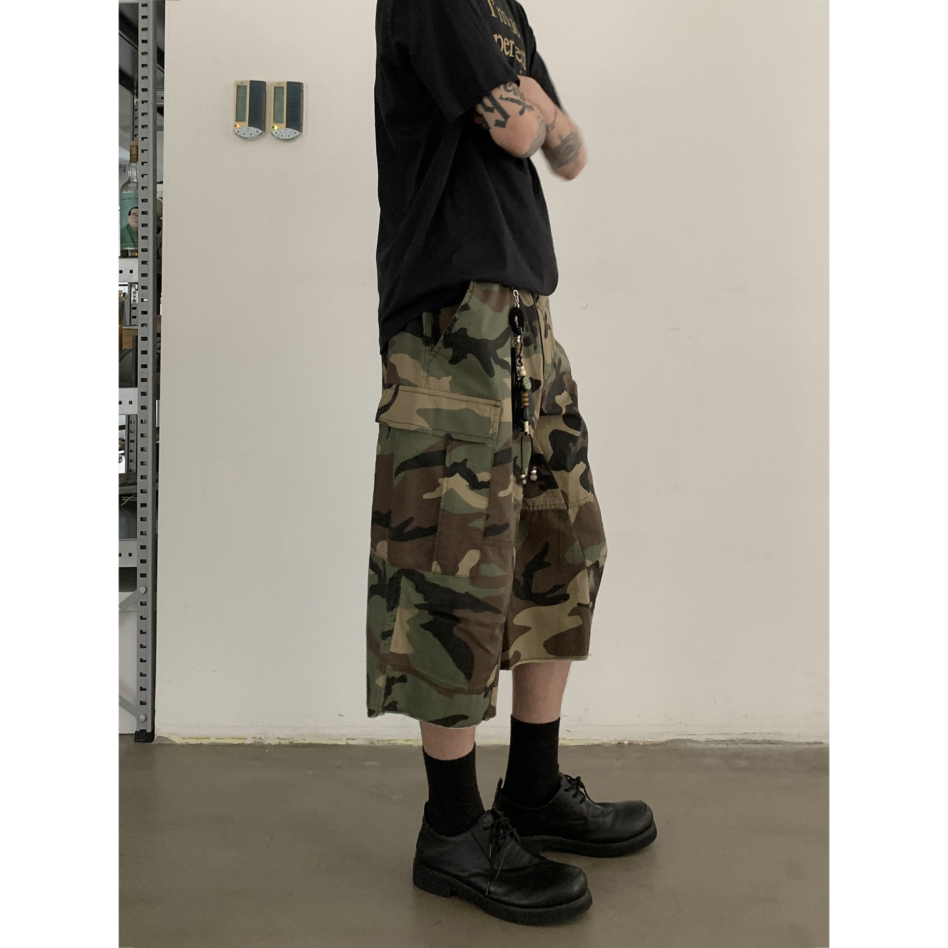 INKNOTS美式复古做旧毛边迷彩工装休闲裤男女宽松多口袋七分裤潮