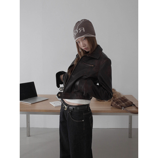 INKNOTS美式 复古美拉德皮衣女生机车擦色翻领短宽夹克外套上衣潮