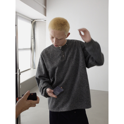 INKNOTS亨利领条纹羊毛针织T恤