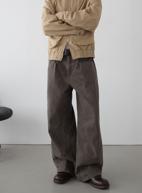 INKNOTS美式复古水洗做旧高级感直筒裤男女宽松阔腿弧形牛仔裤子