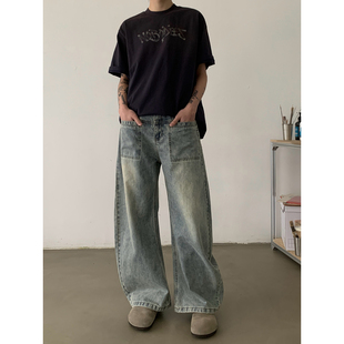 潮 男女宽松前口袋设计休闲裤 INKNOTS美式 复古水洗弯刀baggy牛仔裤