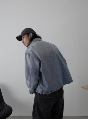 INKNOTS美式潮牌15盎司水洗蓝色牛仔外套男女复古短宽松拉链夹克