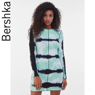 Bershka水墨晕染扎染罗纹棉质连衣裙女夏季绿色弹力修身显瘦度假