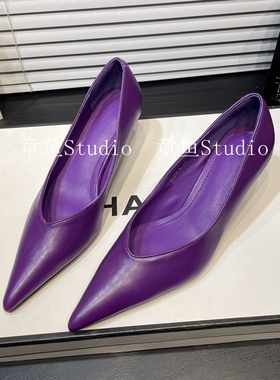 欧美风紫色高跟鞋中跟V口尖头单鞋女细跟5cm浅口猫跟职业时尚瓢鞋