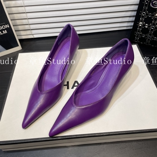 瓢鞋 女细跟5cm浅口猫跟职业时尚 中跟V口尖头单鞋 欧美风紫色高跟鞋