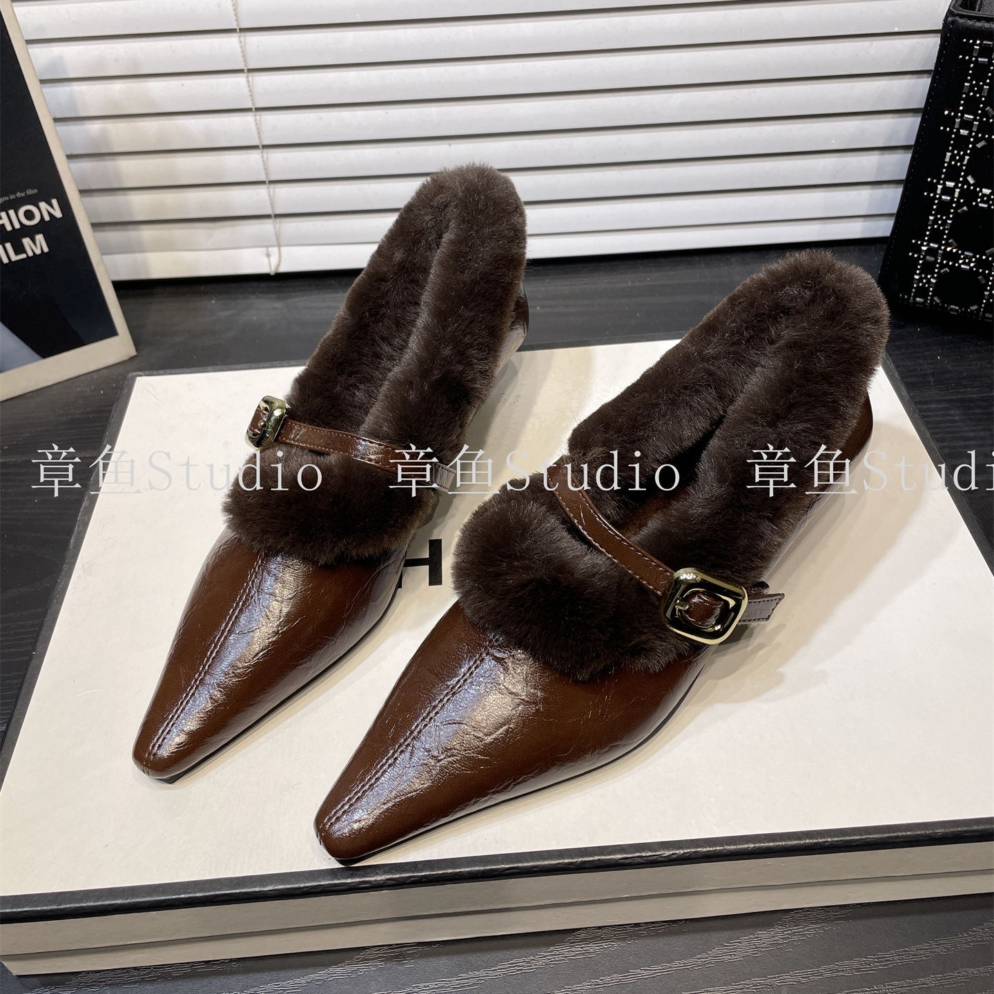 加绒小皮鞋低跟玛丽珍鞋保暖棉鞋