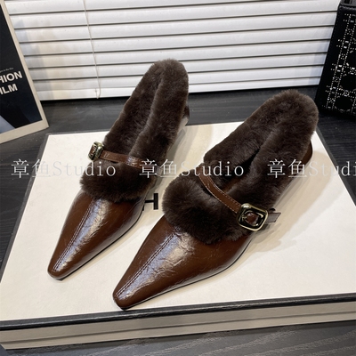 加绒小皮鞋低跟玛丽珍鞋保暖棉鞋