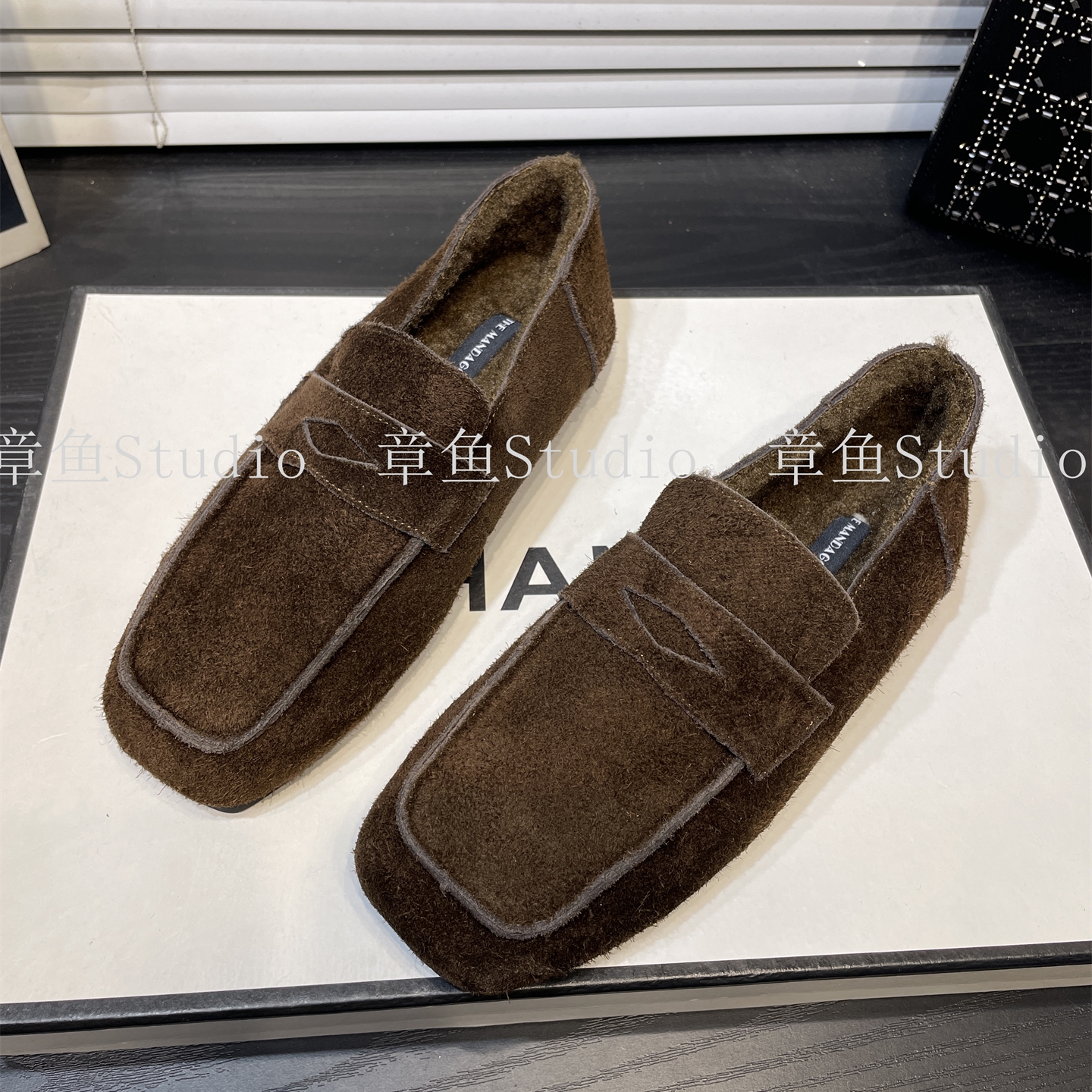 复古磨砂皮懒人一脚蹬加绒乐福鞋