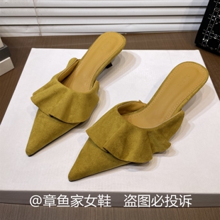 时尚荷叶边蝴蝶结尖头绒面包头半拖鞋女猫跟外穿气质穆勒凉拖鞋