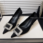 5cm绒面水钻方扣细跟尖头单鞋 气质名媛高跟鞋 女鞋 2025春秋新款