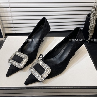 气质名媛高跟鞋 2025春秋新款 女鞋 5cm绒面水钻方扣细跟尖头单鞋