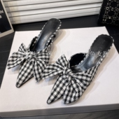 细跟豹纹蝴蝶结包头半拖 女外穿2026新款 法式 格子布气质高跟凉拖鞋