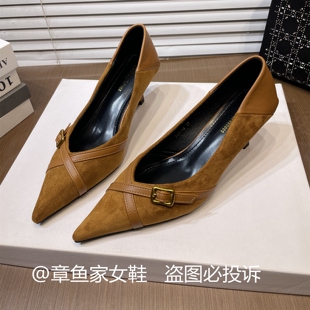 法式绒面气质猫跟尖头浅口单鞋女细跟2026新款舒适通勤职业高跟鞋