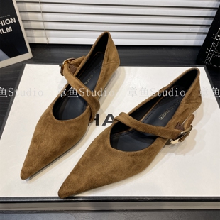 通勤平底鞋 晚晚风绒面温柔浅口玛丽珍鞋 女2025新款 粗跟尖头单鞋