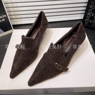 通勤气质不累脚棉鞋 女细跟深口单鞋 复古尖头加绒毛呢高跟鞋 法式