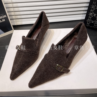 复古尖头加绒毛呢高跟鞋女细跟