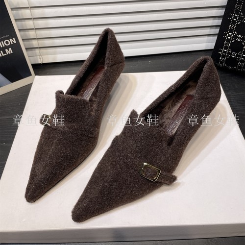 复古尖头加绒毛呢高跟鞋女细跟