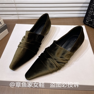 内增高5公分~法式褶皱设计感丝绒深口尖头单鞋女一脚蹬通勤高跟鞋