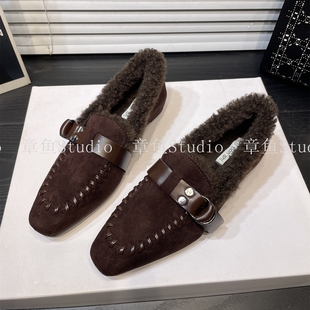 平底内增高小方头乐福鞋女英伦风通勤复古拼接绒面加绒小皮鞋棉鞋