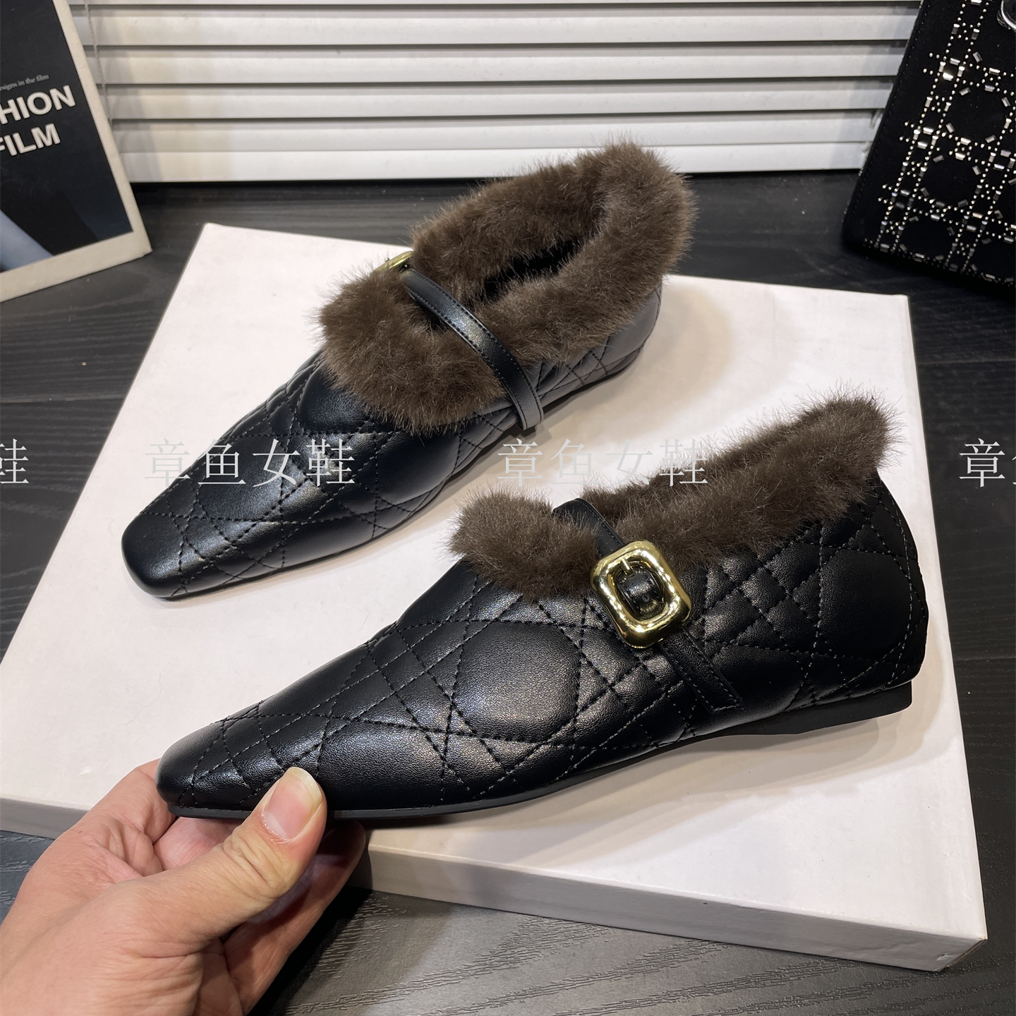 一字保暖方头深口单鞋温柔毛毛鞋