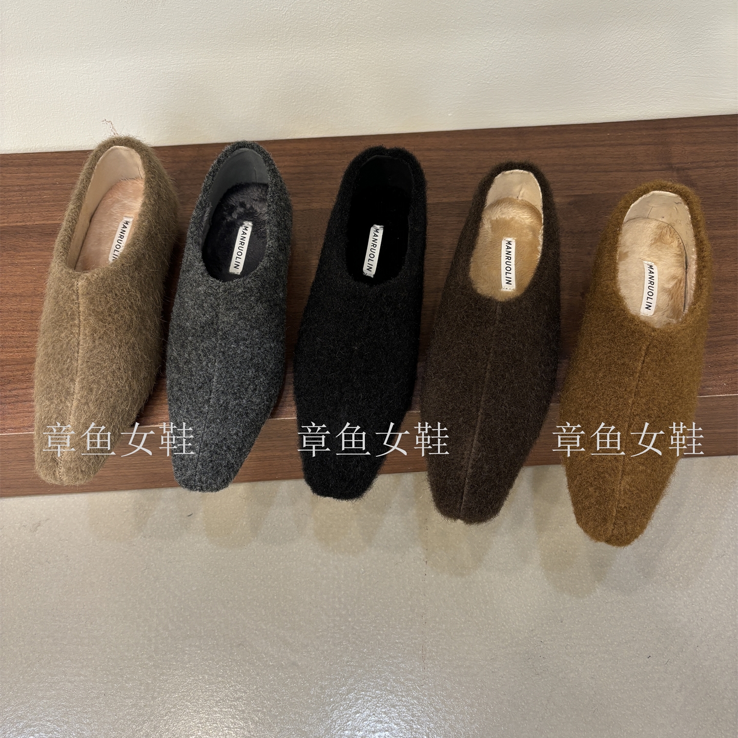 秋冬方头毛呢内增高深口单鞋