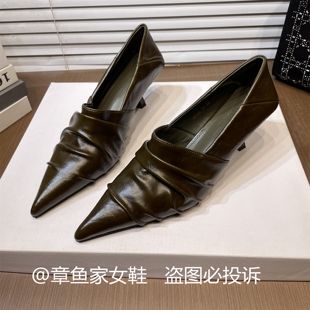 2种跟高丨法式褶皱设计深口猫跟尖头单鞋女细跟一脚蹬通勤高跟鞋
