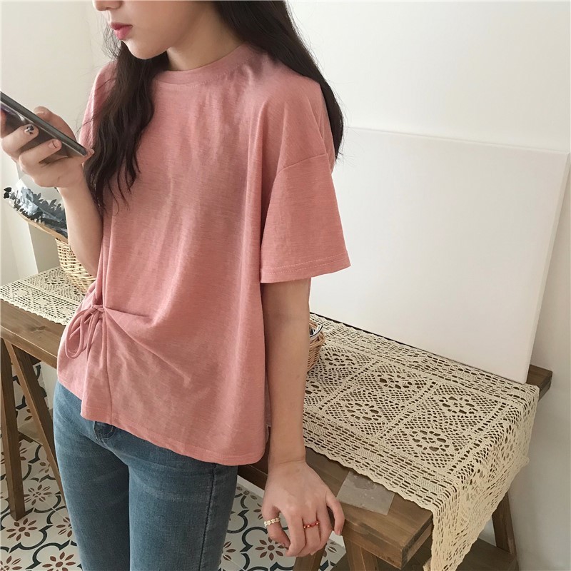 2021 summer new Korean round neck solid color simple strap drawstring loose short sleeve T-shirt women's top
