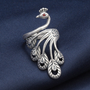 纯银戒指990足银孔雀指环女 复古做旧民族风宽面凤凰戒子饰品批发