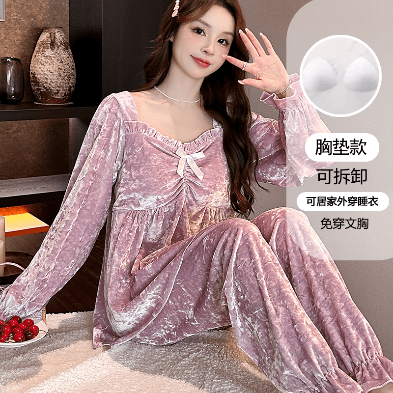 春秋季睡衣金丝绒带胸垫束口长袖