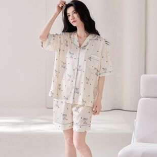 开衫 春夏季 短裤 冰丝女士短袖 翻领睡衣缎面休闲宽松舒适家居服 新款