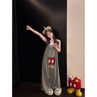 连体衣吊带长裤女士春夏季新款米奇条纹套头舒适宽松家居服可外穿