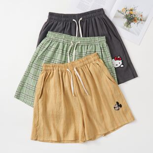 格子米奇短裤女款夏季新款双口袋睡裤系绳可爱卡通休闲宽松裤子