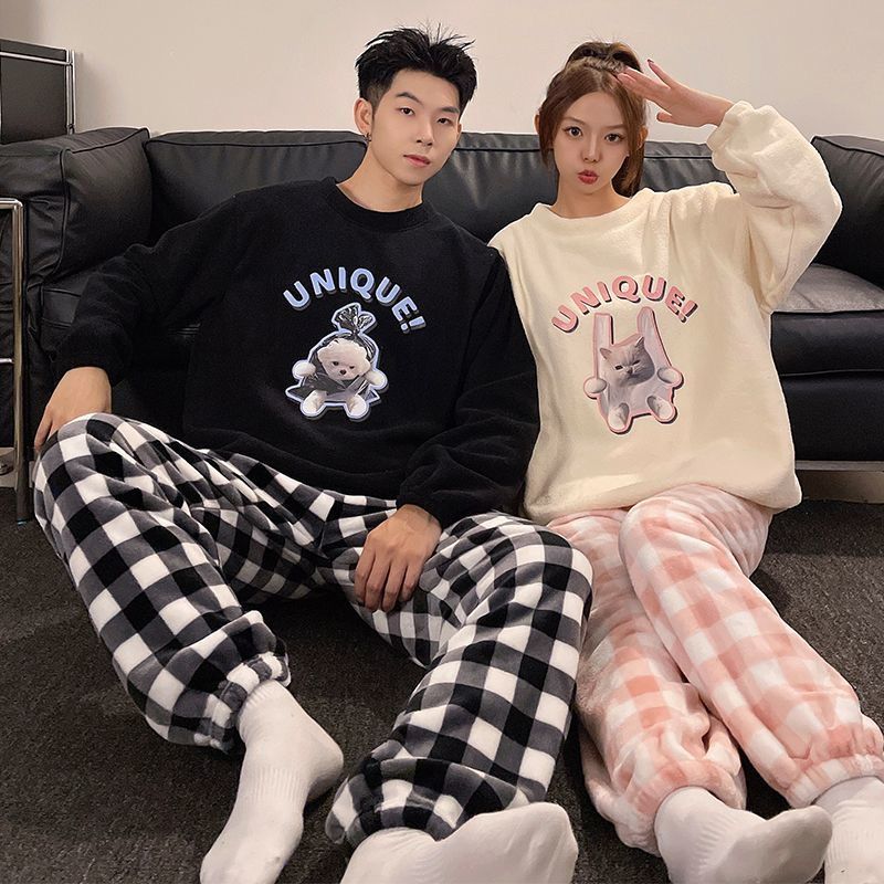 情侣睡衣冬季女款珊瑚绒加绒加厚保暖男士法兰绒家居服套装秋冬天