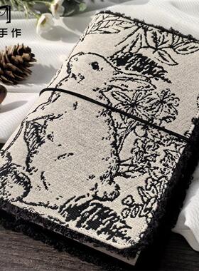 线描兔子 简约黑白复古活页A5A6A7手帐本加厚手账 卡册收纳日记本