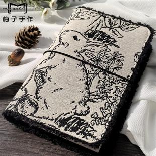 线描兔子 简约黑白复古活页A5A6A7手帐本加厚手账 卡册收纳日记本