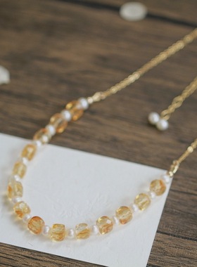 焦糖奶盖*印度天然黄水晶方块珠淡水珍珠14K包金花扣仙女手链原创