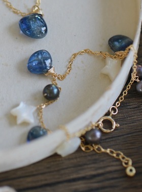 *小夏日*深海九万里*天然蓝晶石大溪地珍珠白蝶贝14K包金手链仙女