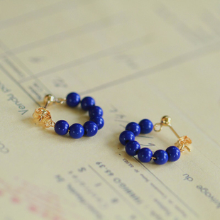 深蓝 little 韵味 耳钉女 青金石圆珠原创耳环14K包金前后式
