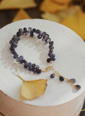 little原创雾姬*印度天然堇青石水滴14K包金流苏手链仙女宝石手串