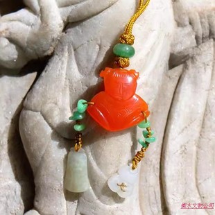 红=蕊2725A货缅甸老坑翡翠珠和田玉红玛瑙清老物件童子吊坠挂件