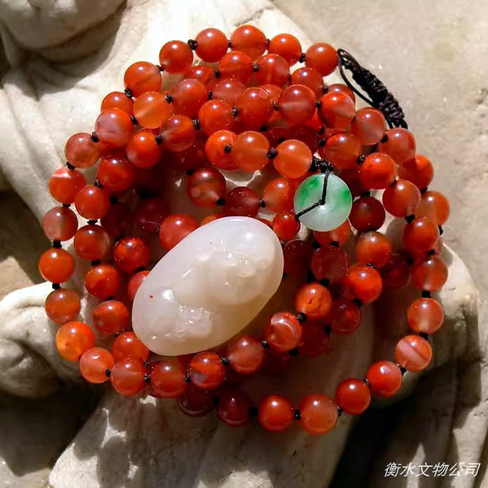 烧=丹5873天然新疆和田玉白玉籽料佛公翡翠平安扣南红珠项链复检