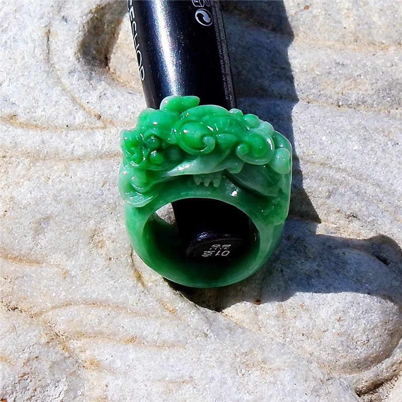 浮=芳5344民国天然A货缅甸老坑正阳绿翡翠貔貅戒指扳指证书复检20