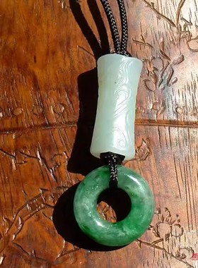 雨=晴4205天然A货缅甸老坑阳绿翡翠平安环和田玉雕花柱吊坠挂件证