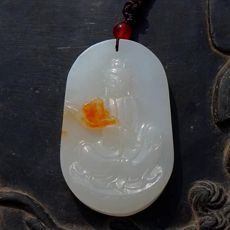 银=筝8892天然新疆和田玉羊脂白玉籽料送子观音牌子吊坠挂件证书
