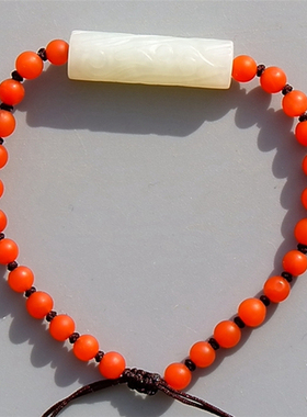 芳=馨2021明清天然新疆和田玉白玉籽料雕花柱南红珠手链证书复检