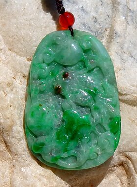雨=花9292天然缅甸A货老坑正阳绿翡翠荷叶鱼吊坠挂件巧色巧雕证书