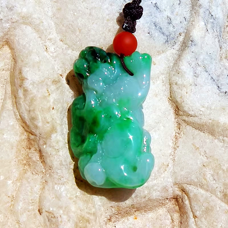 晴=空0258天然A货缅甸老坑正阳绿翡翠如意貔貅吊坠挂件手工雕刻